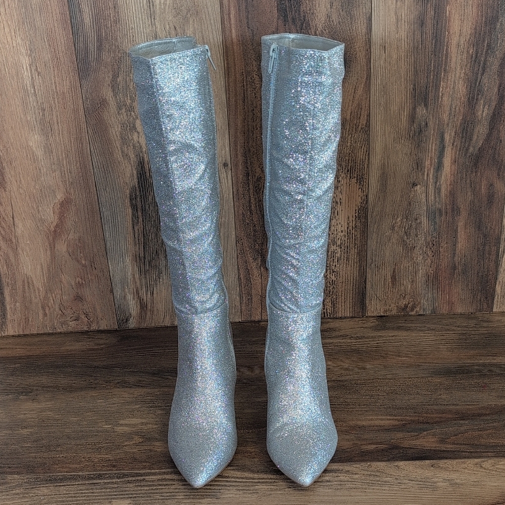 Allegra K Silver Sparkle Heeled Glitter Pointy Toe Knee High Boots 8       M502